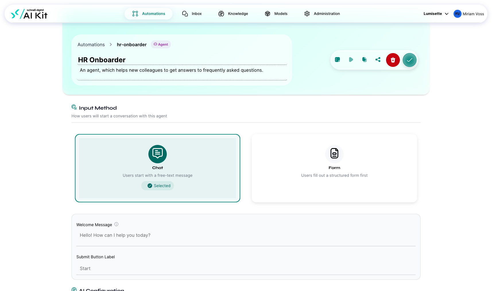 The agent editor: trigger choice (Chat or Form), persona, system instruction, model, and knowledge selection.