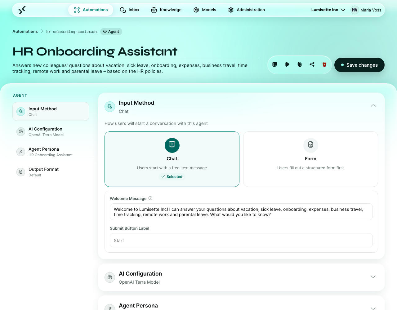 The agent editor: trigger choice (Chat or Form), persona, system instruction, model, and knowledge selection.