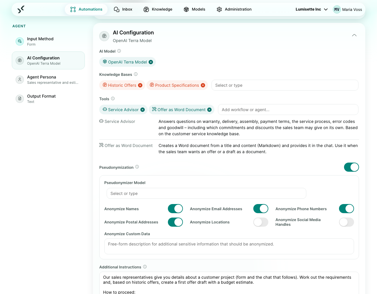 The agent editor's AI Configuration with pseudonymization switched on: the pseudonymizer model picker, the category toggles and the field for custom data.