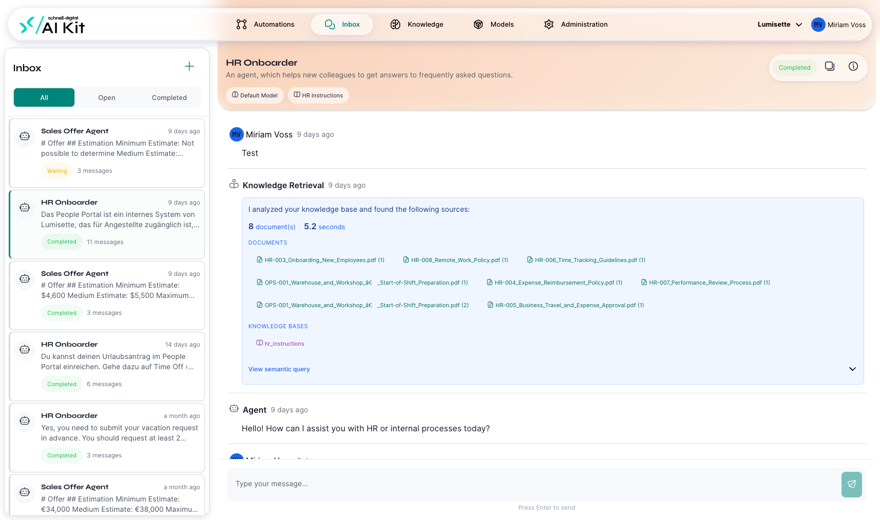 The chat window mid-conversation with several user and agent messages already exchanged.