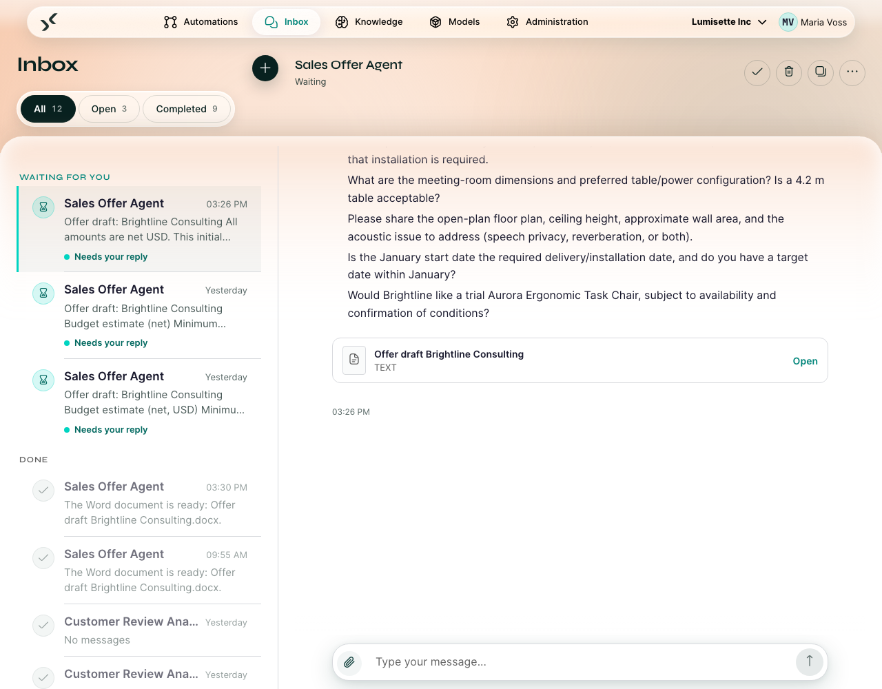 The chat window mid-conversation with several user and agent messages already exchanged.
