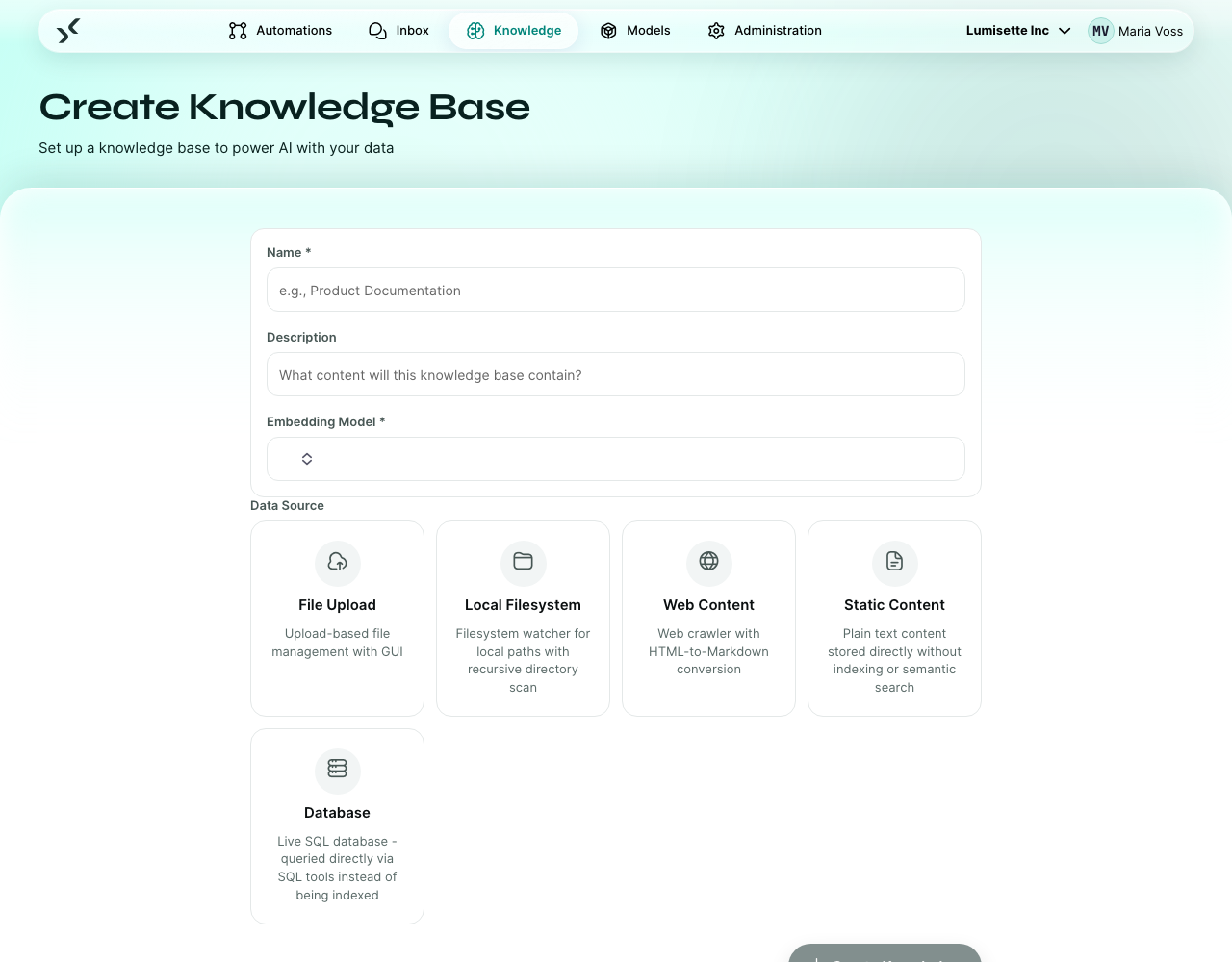 The knowledge create form with the details, the embedding model, and the data source choice.