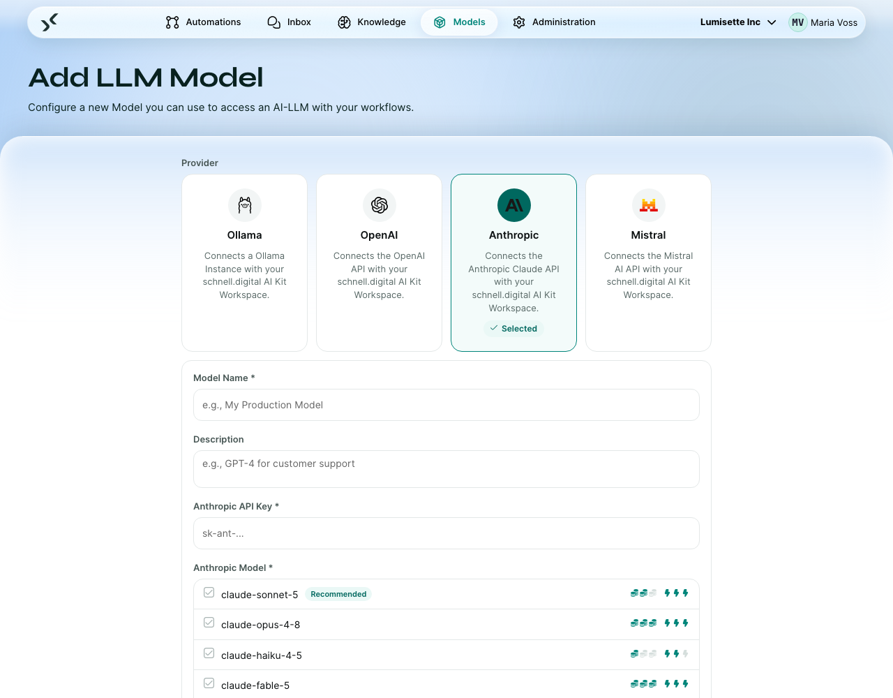 The model form with Anthropic selected: name, description, API key, the model list and the API version.