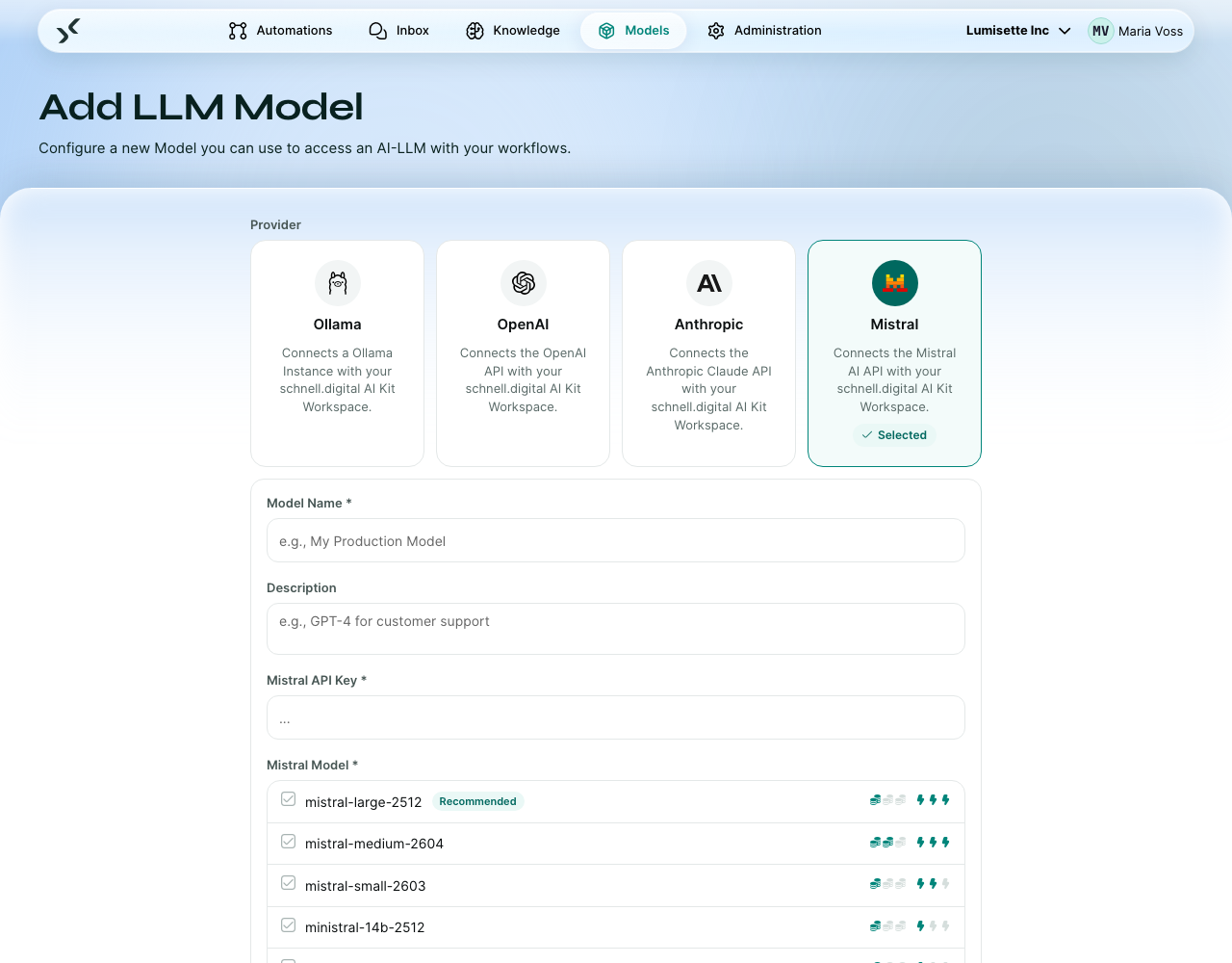The model form with Mistral selected: name, description, API key and the model list.