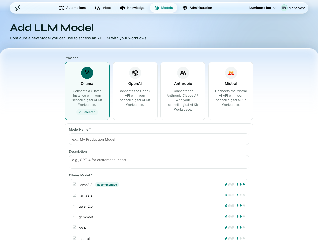 The model form with Ollama selected: name, description, the endpoint URL of your Ollama server and the model.