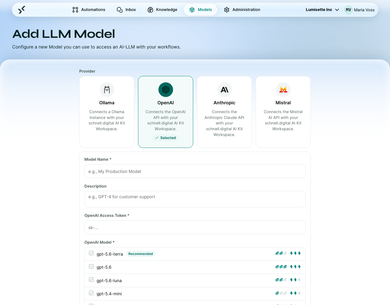 The OpenAI configuration step with the API token field and the model-ID picker.
