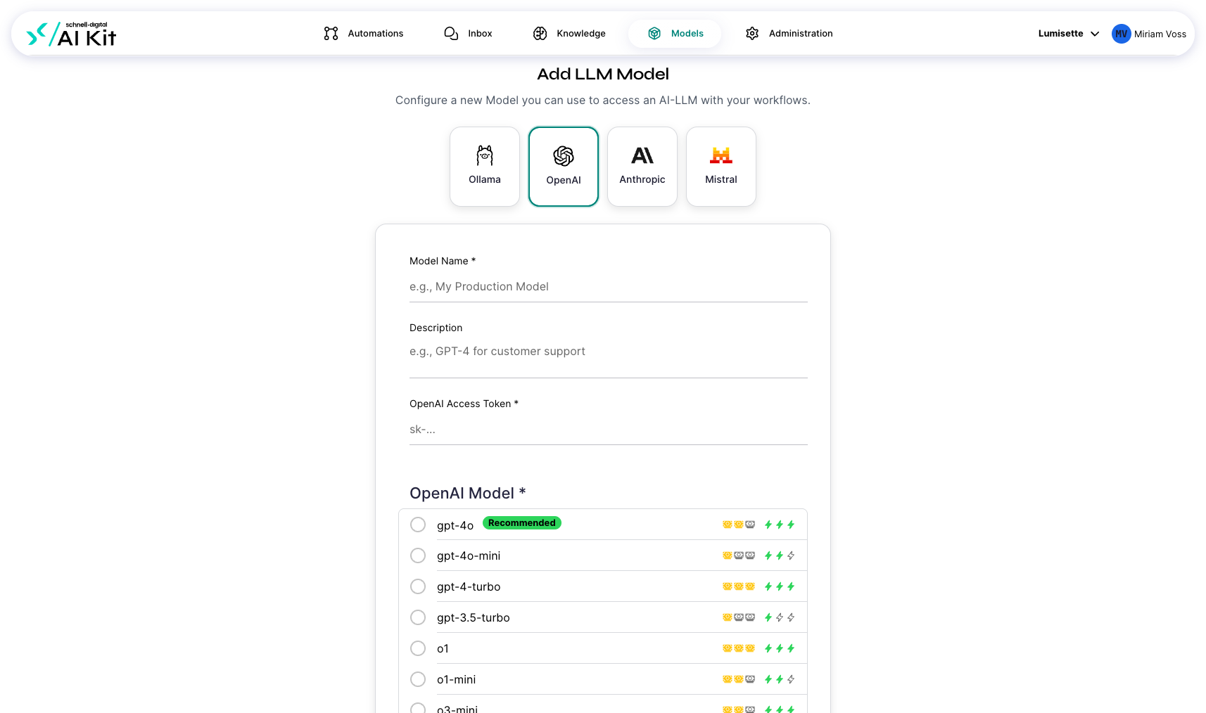 The OpenAI configuration step with the API token field and the model-ID picker.