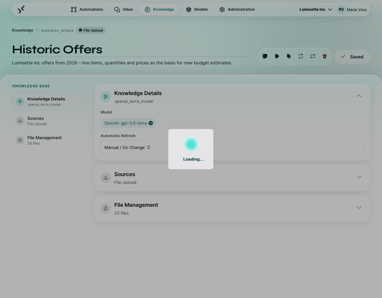 The knowledge editor with the source configuration, the model picker, and the toolbar (Jobs, Test, Duplicate, Refresh, Remove, Save).