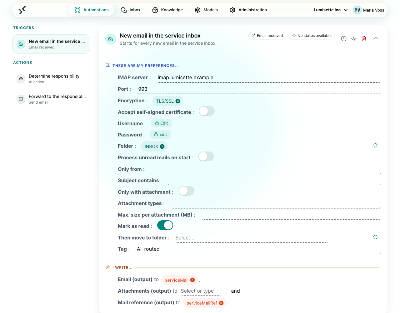 The trigger "Email received" with IMAP connection, folder, filters and the follow-up actions after processing.