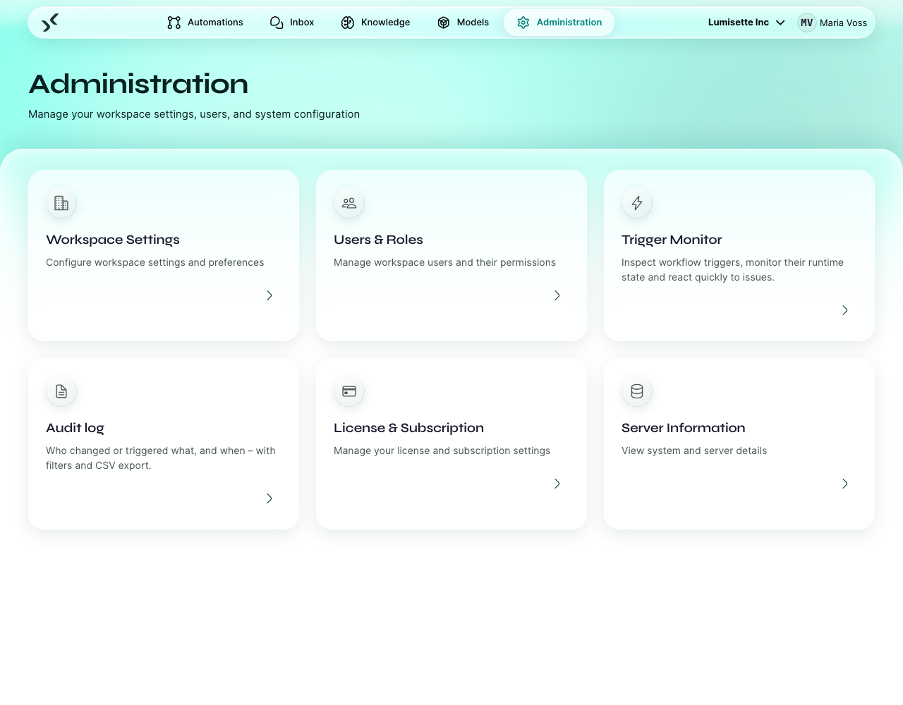 The Administration tab with its five tiles: Workspace Settings, Users, Triggers, License, Server Info.