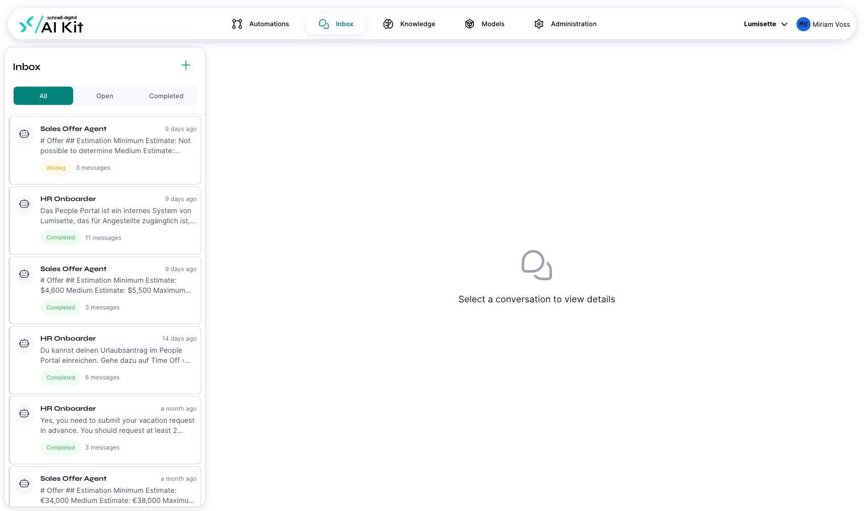 The Inbox with the filter row visible and several conversations listed underneath.