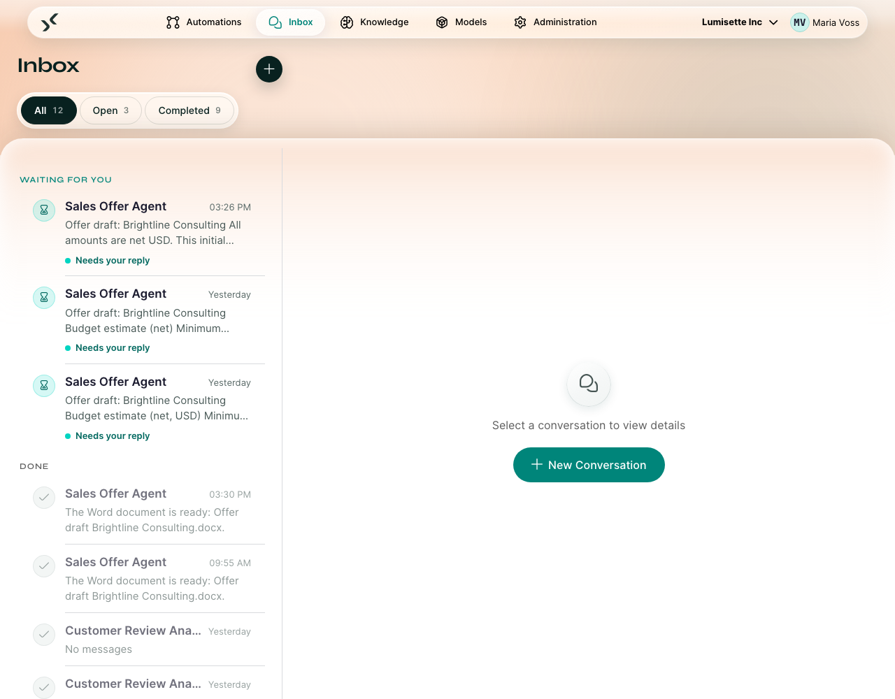 The Inbox with the filter row visible and conversations grouped underneath.