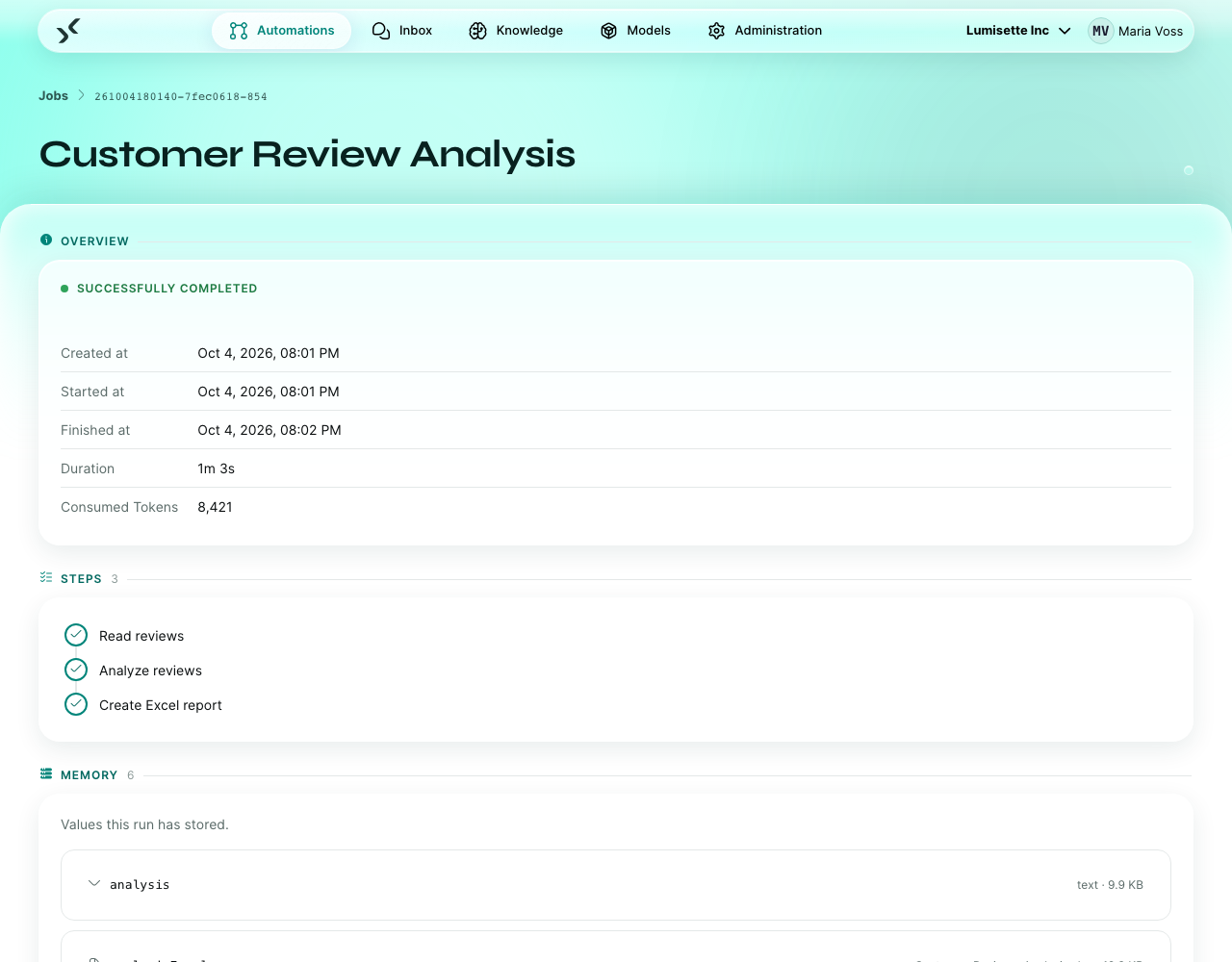 A job-detail view with the chronological log of every step the run executed.