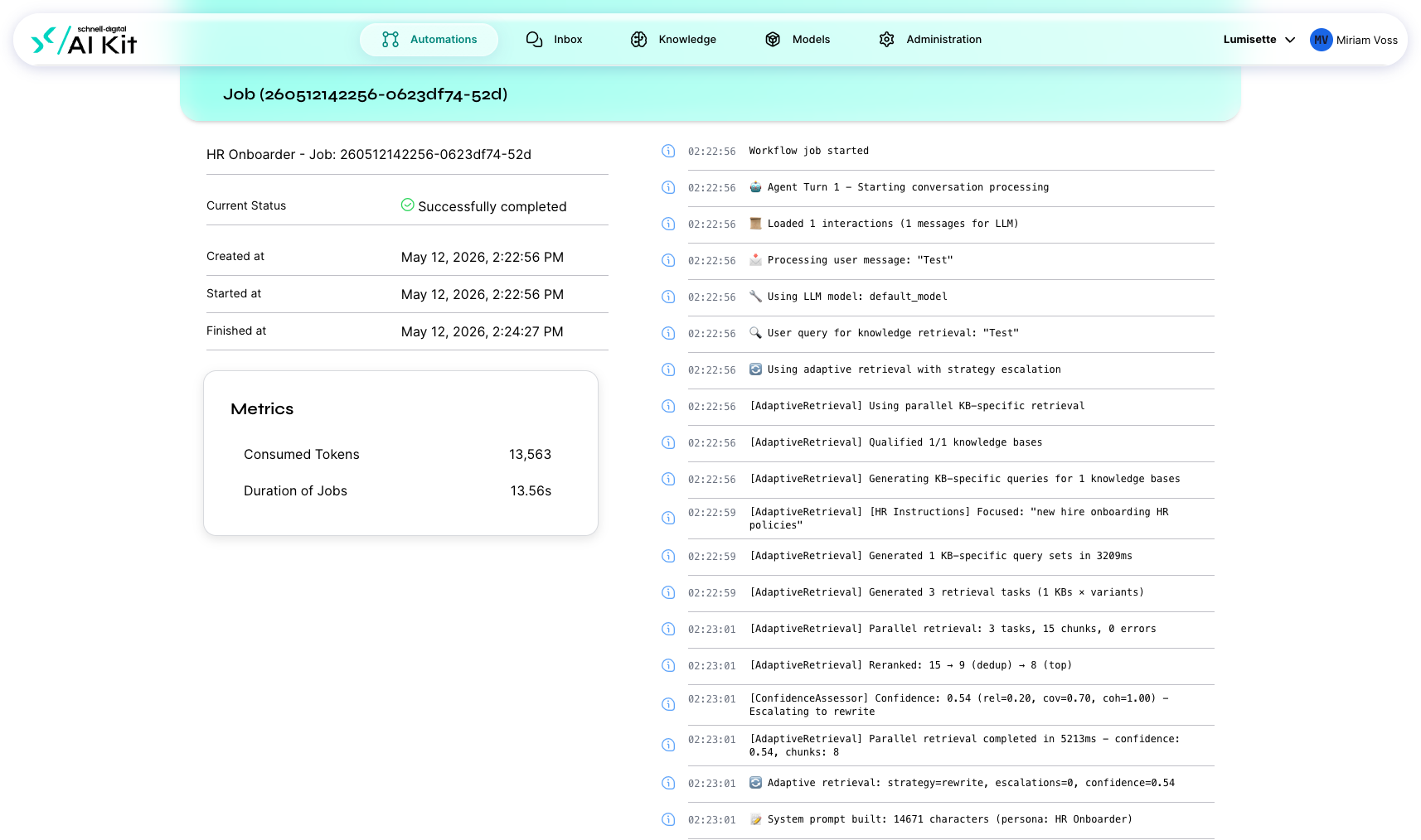 A job-detail view with the chronological log of every step the run executed.