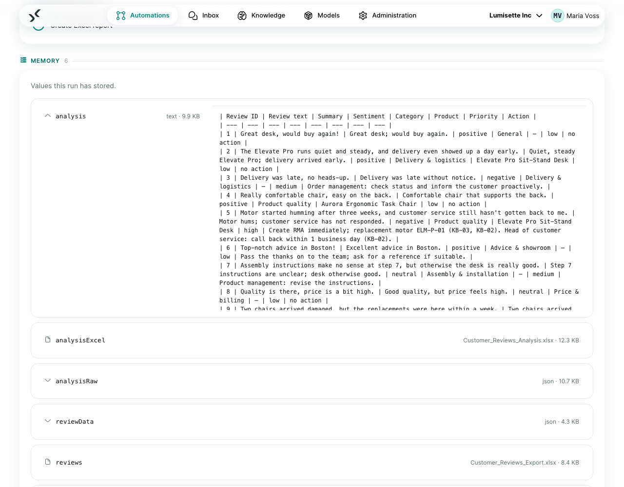 A job-detail view with the Memory section: every value the run stored, with type and size, one entry expanded.