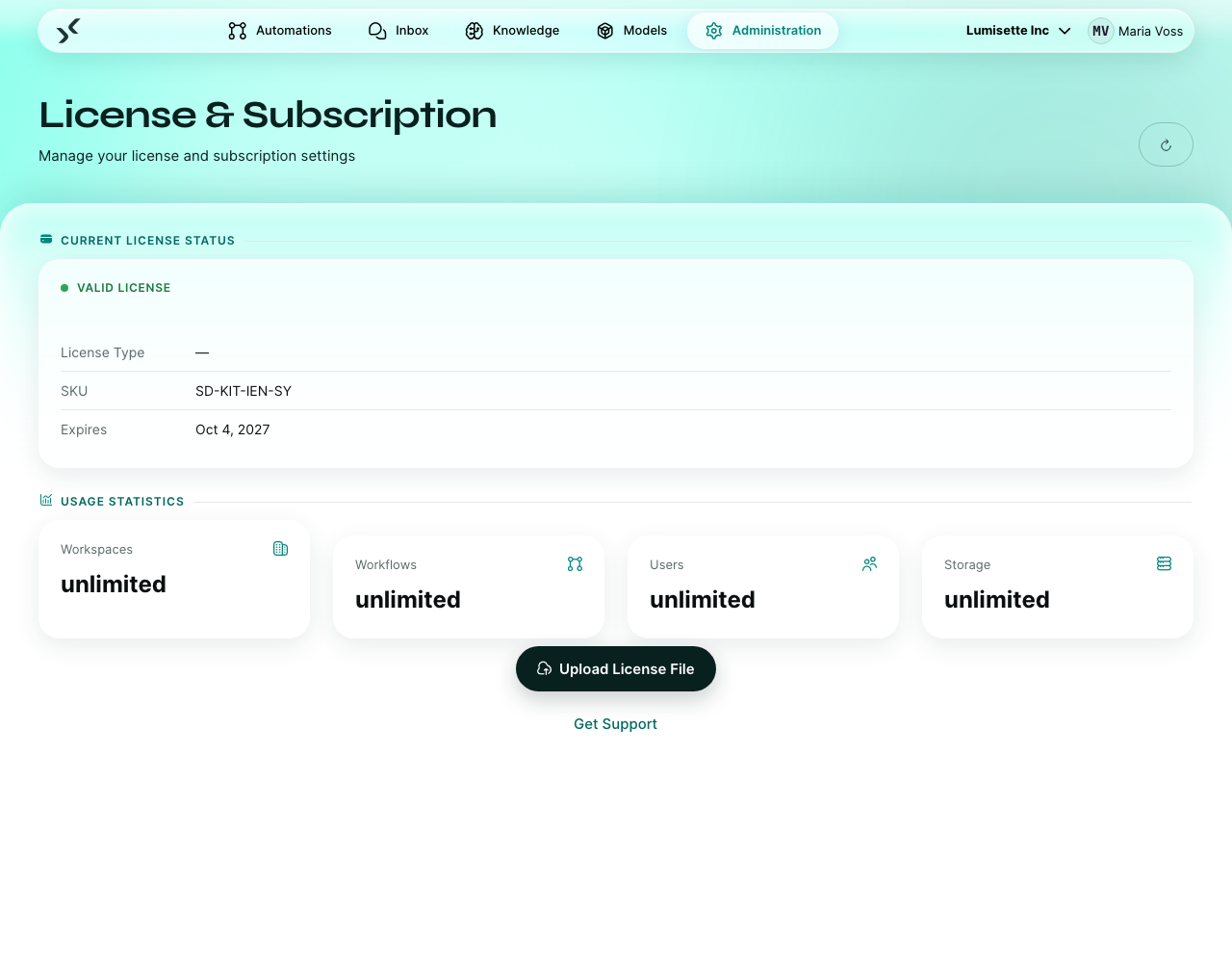 The License page with the current license summary, Upload License File, and Get Support.