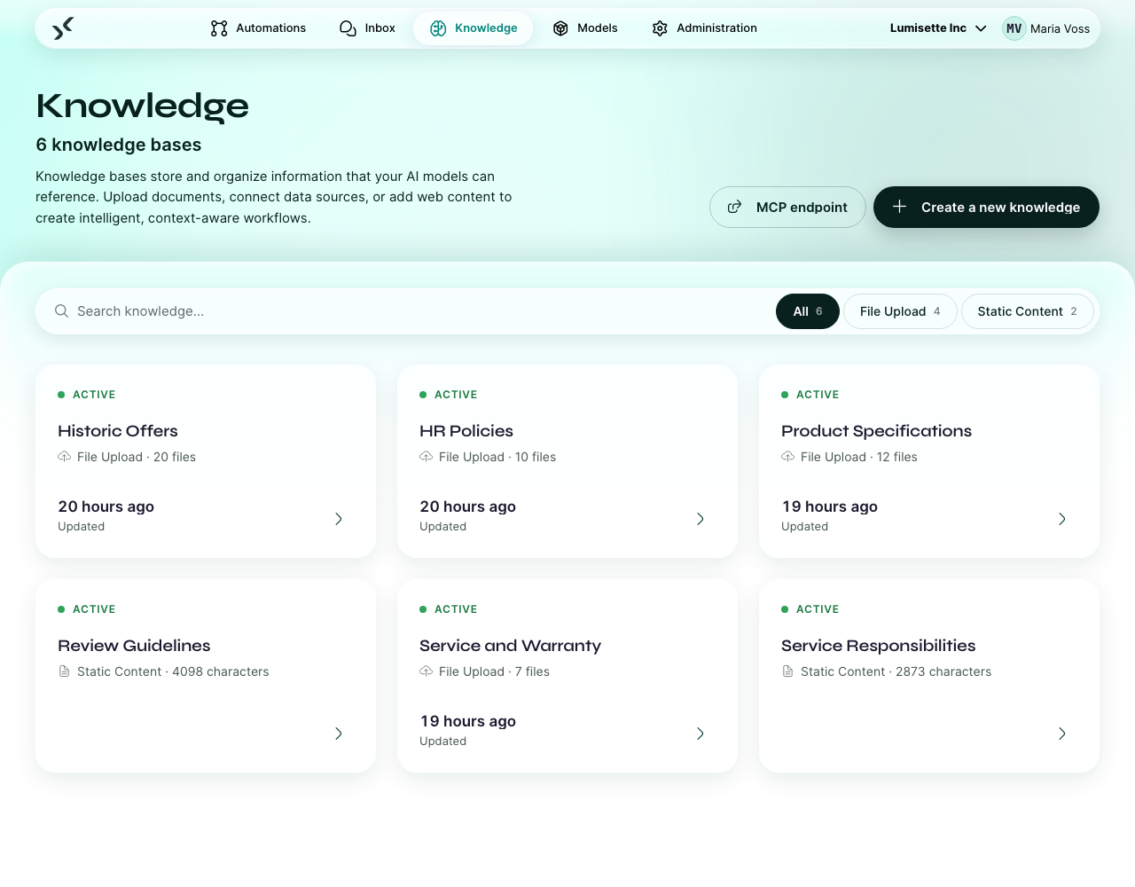The Knowledge tab showing the workspace's knowledge bases with their source type and metadata.