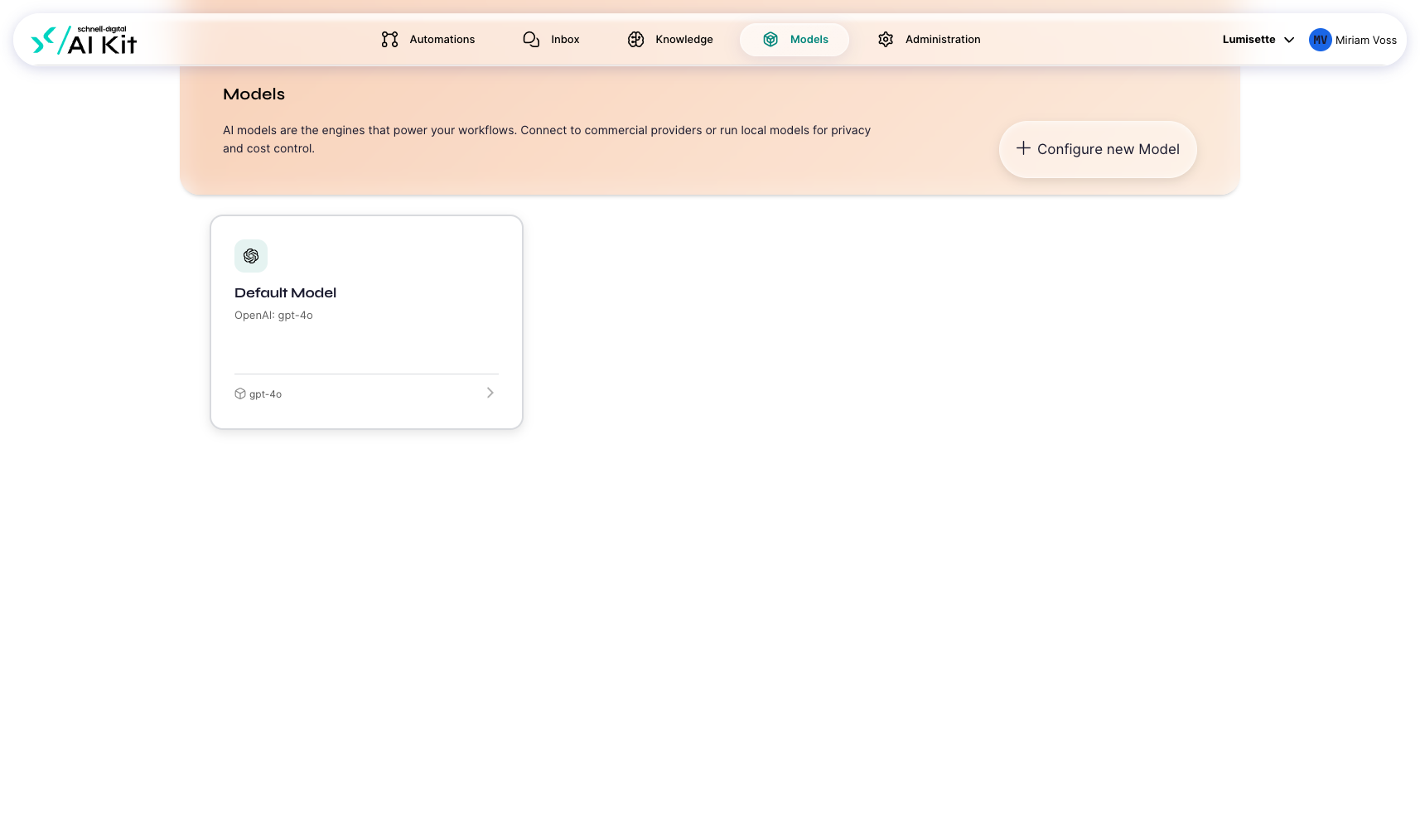 The Models tab showing the configured models with their provider and model identifier.