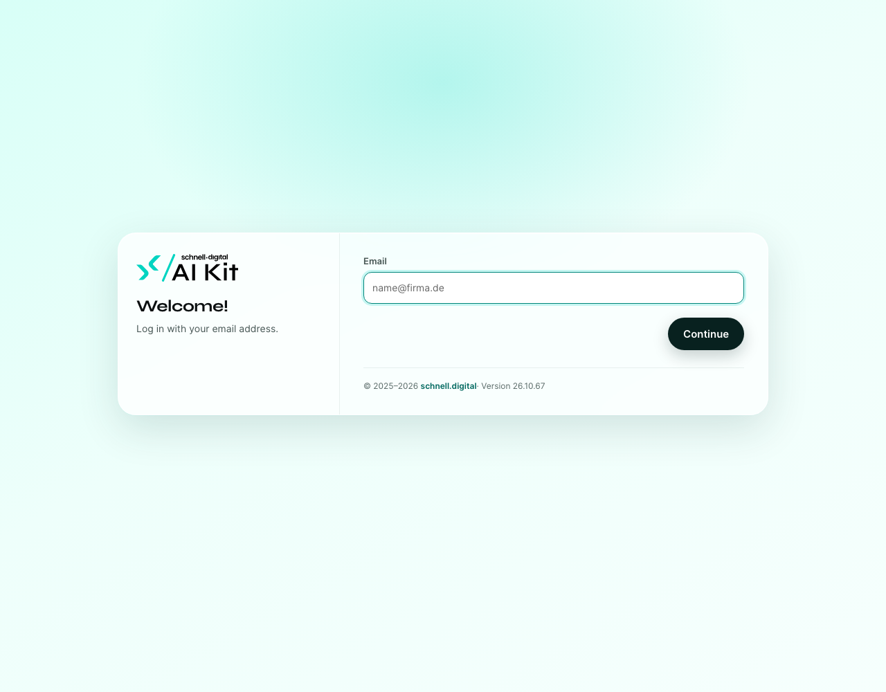 The login page with the email field focused and the Continue button visible.