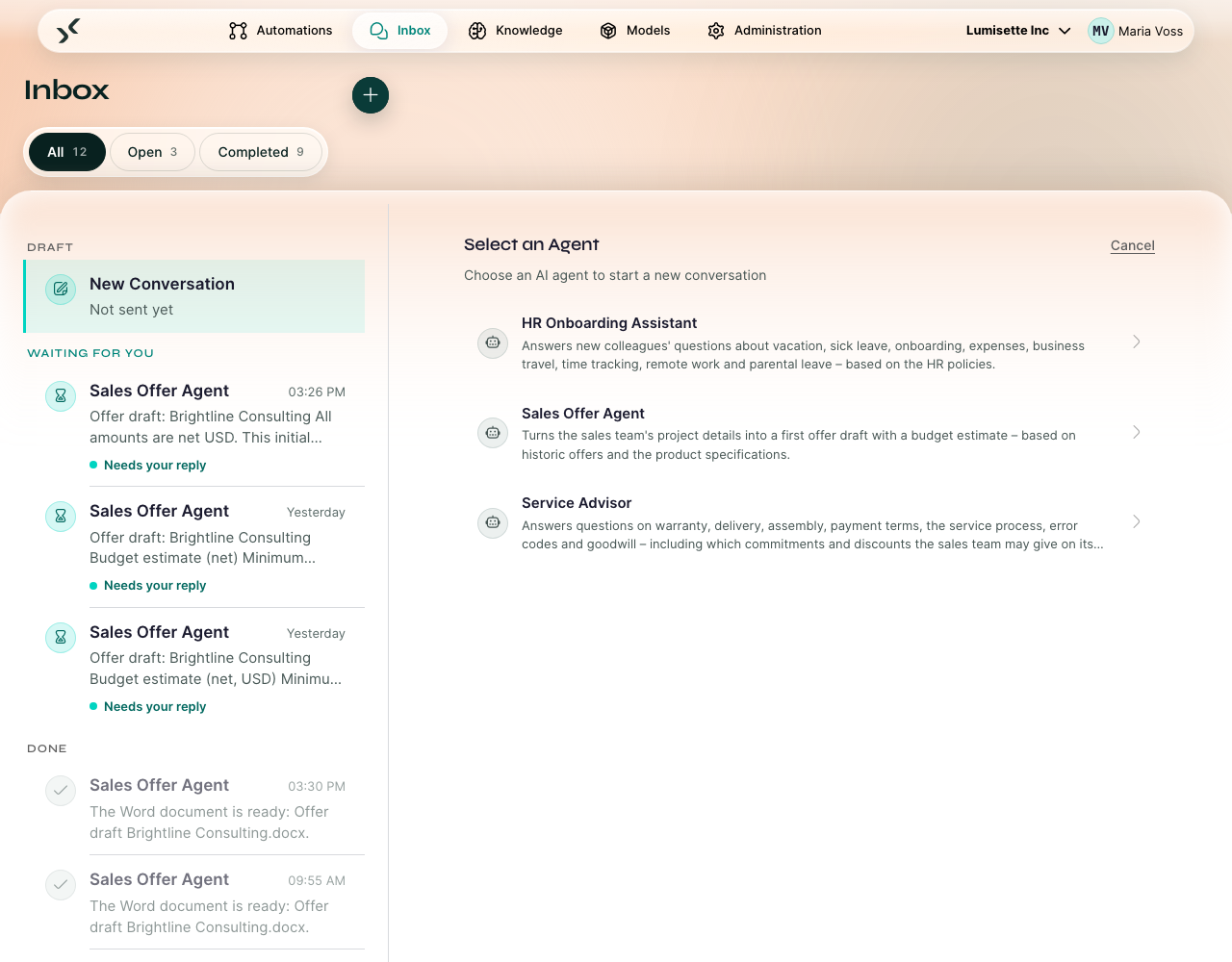 Selecting an agent: the agent list opens in the right-hand pane of the Inbox.