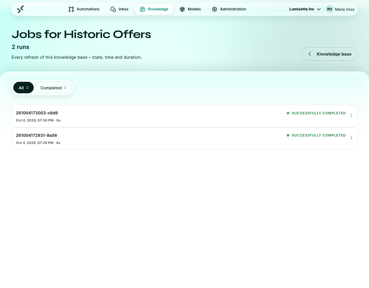 The Jobs view of a knowledge base listing its refreshes with state and time.