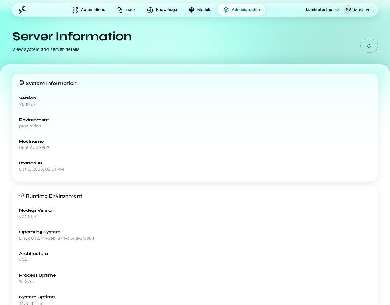 The Server Information page with version, environment, and runtime details.