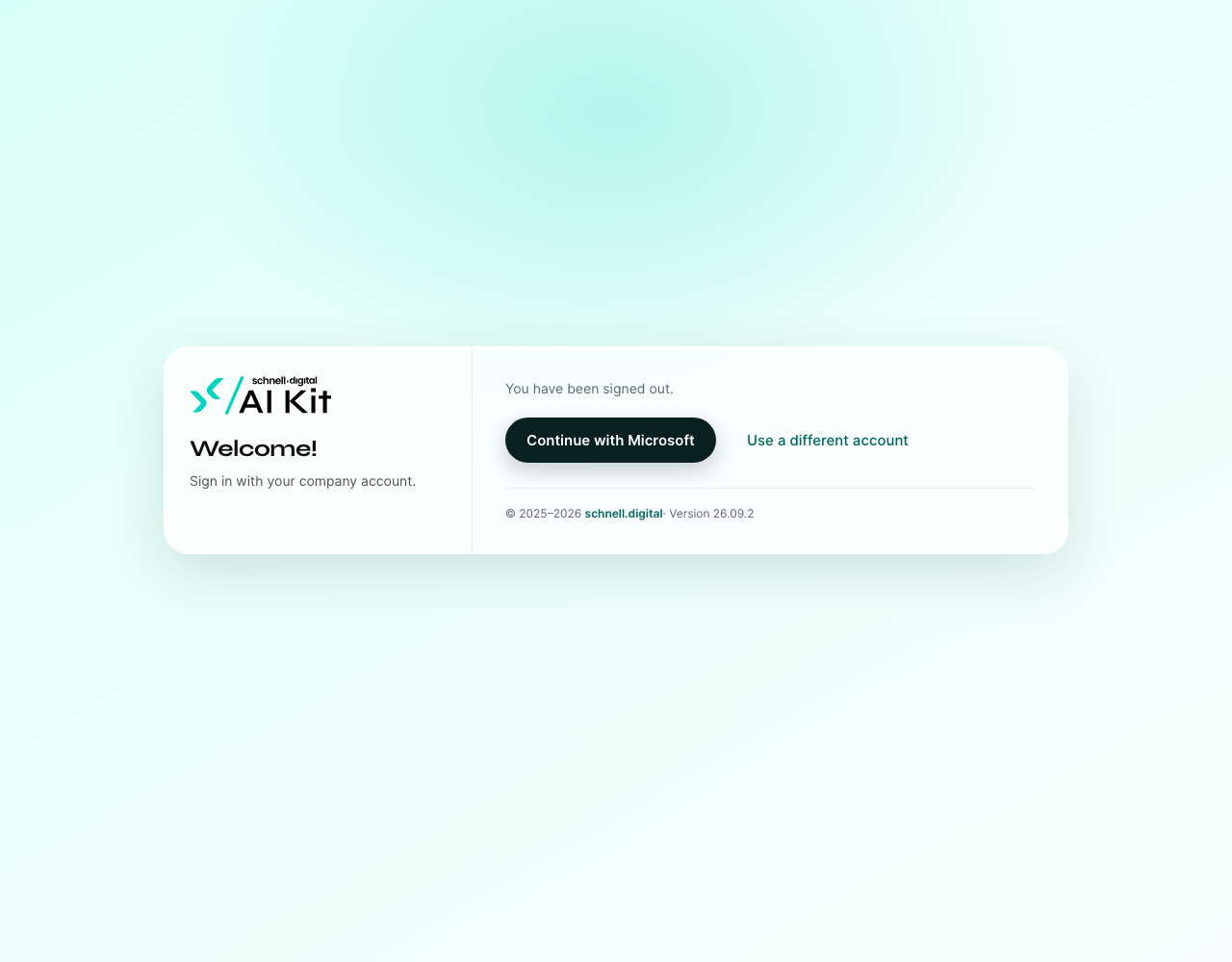 The login page after signing out, with the buttons "Continue with Microsoft" and "Use a different account".
