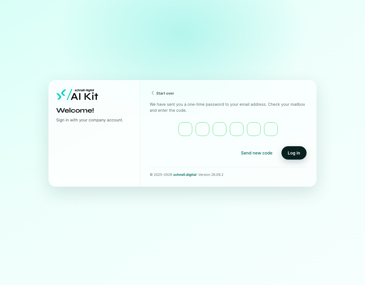 The code step with six input boxes, "Send new code" and "Log in".