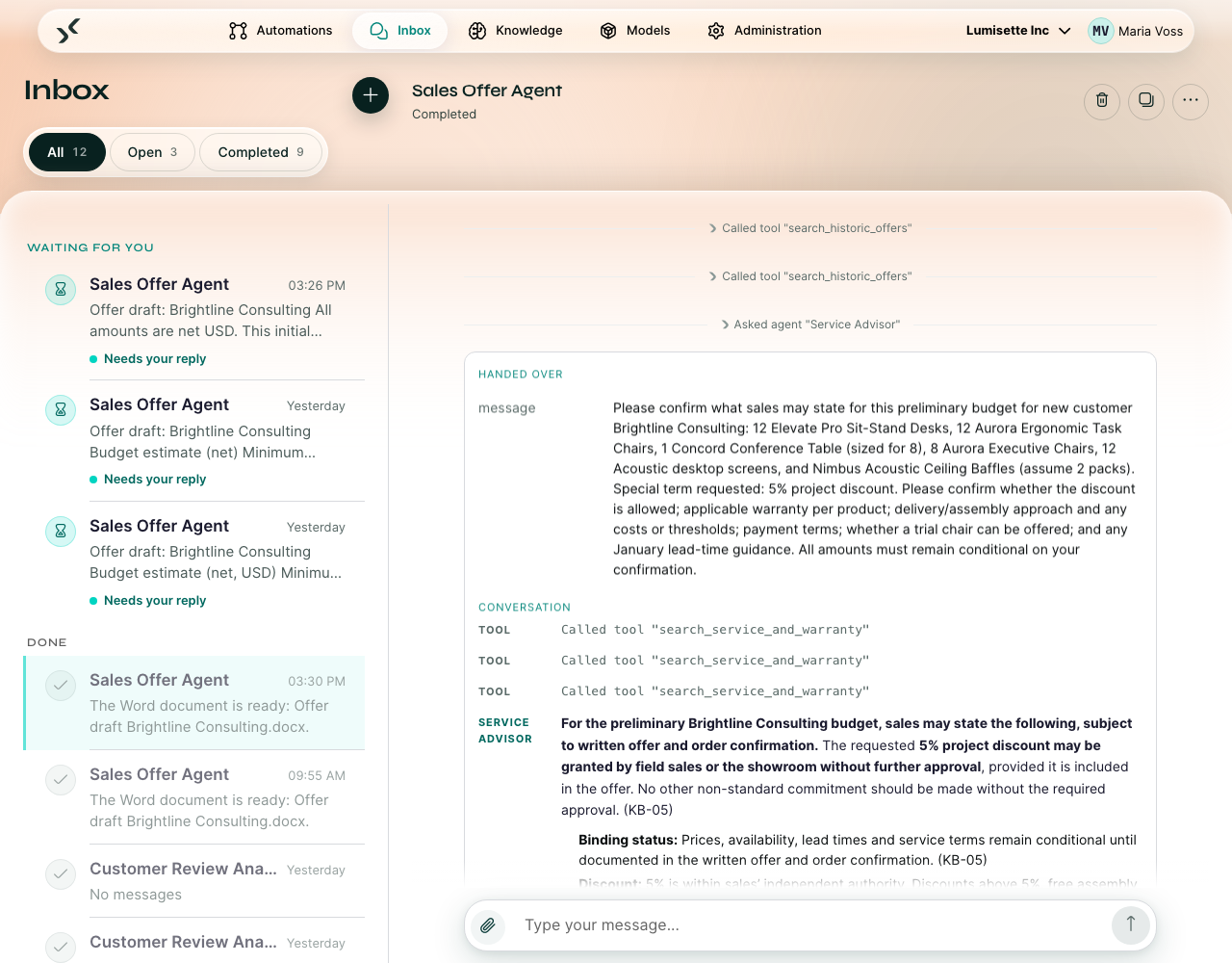 A conversation with the line Asked agent "Service Advisor" expanded: the message handed over and the sub-agent's conversation with its answer.