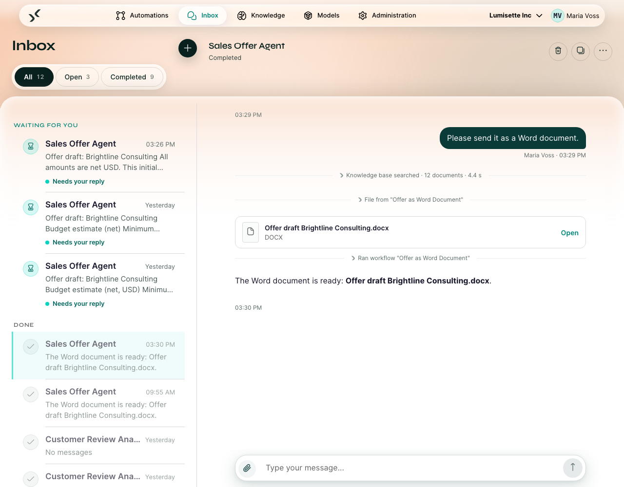 After "Please send it as a Word document.": the line File from "Offer as Word Document" with the Word file, the line Ran workflow and the agent's short reply.