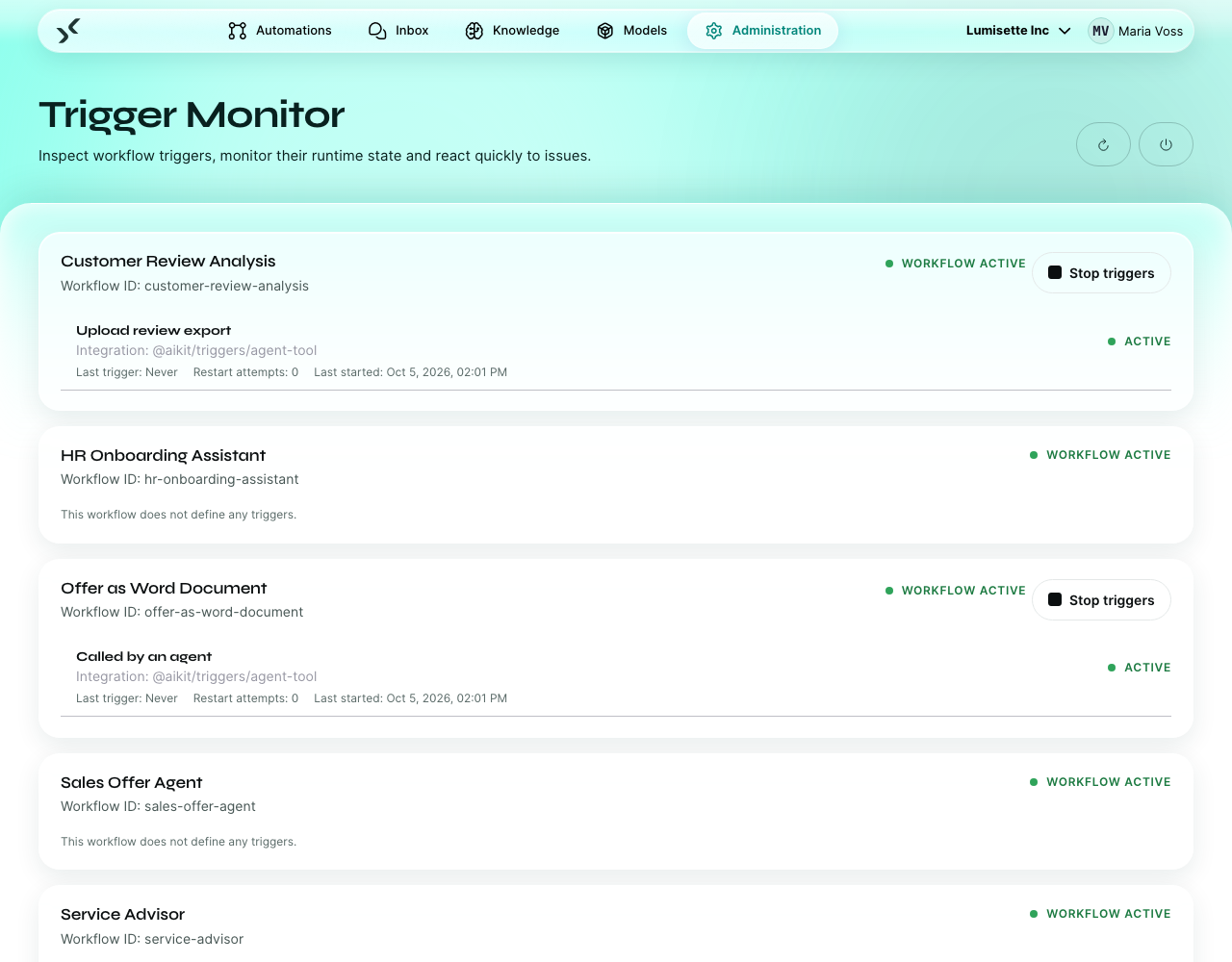 The Trigger Monitor page listing every workflow's trigger status with Start/Stop controls.