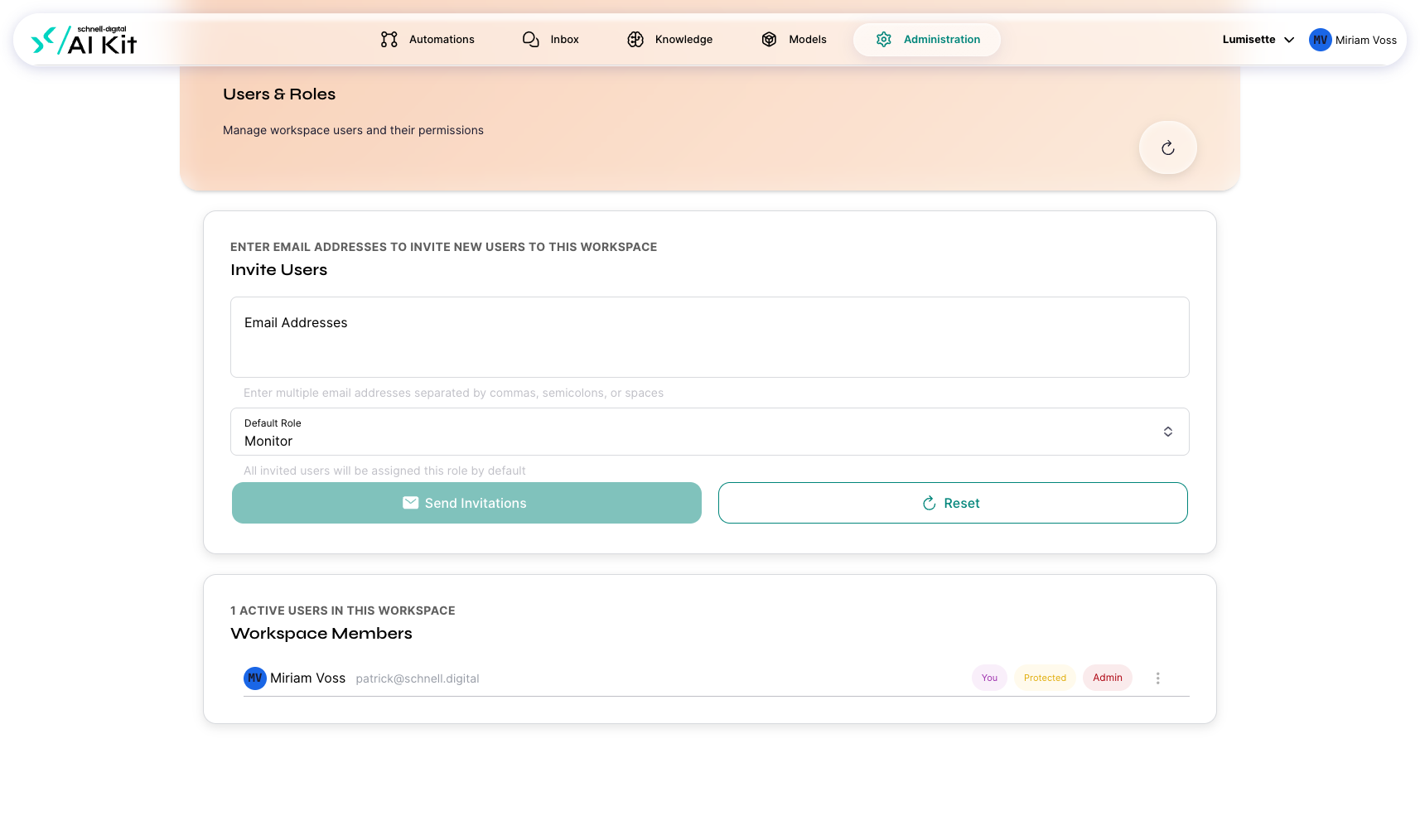 The Users &amp; Roles page with the invite textarea, the default-role selector, and Send Invitations/Reset.