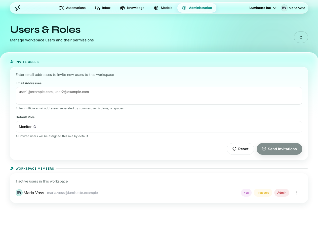 The Users &amp; Roles page with the invite textarea, the default-role selector, and Send Invitations/Reset.