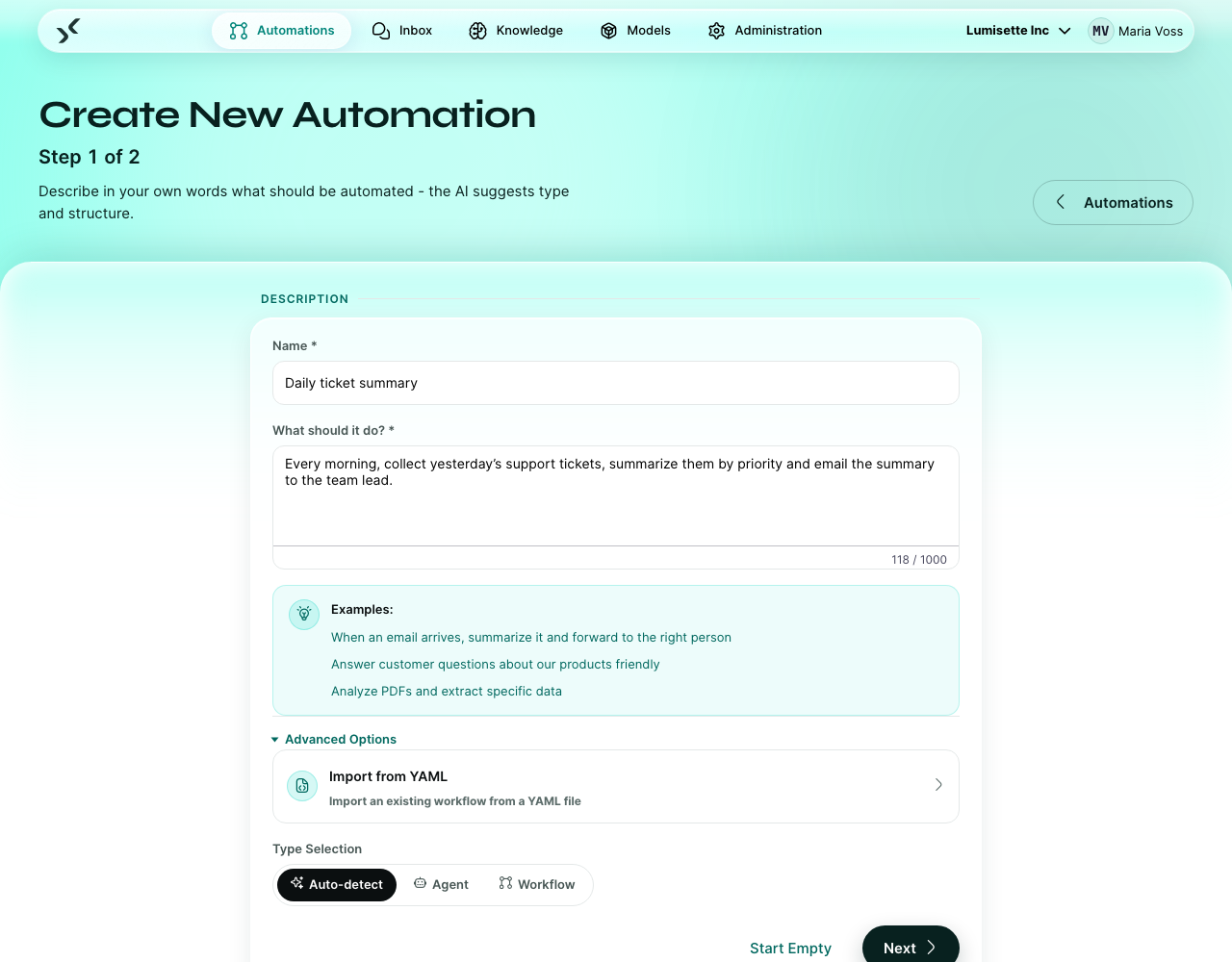 The wizard with Advanced Options open, showing the YAML import row and the three type choices.