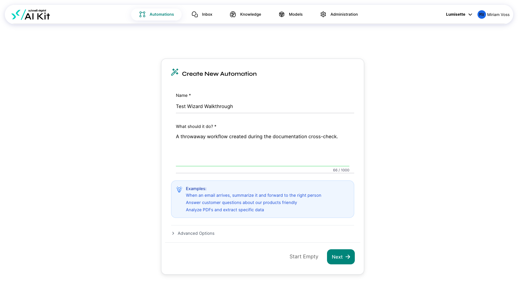 Step 1 of the new-automation wizard with the name and description fields filled in.