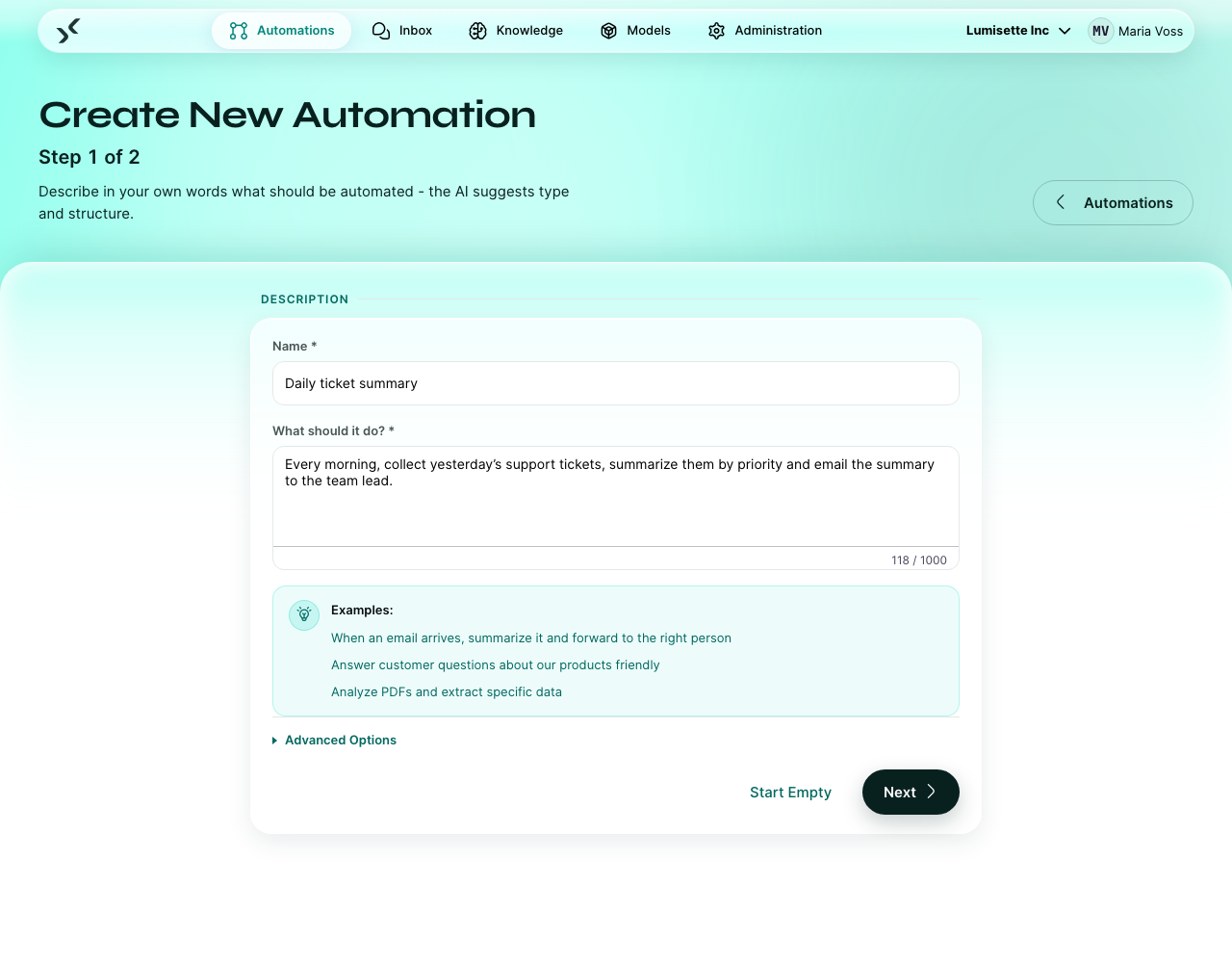 Step 1 of the new-automation wizard with the name and description fields filled in.