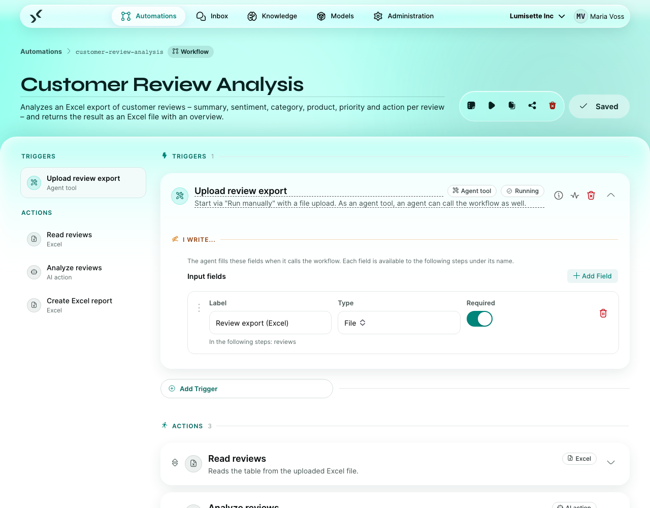 The workflow editor with the trigger at the top and a sequence of task cards below.