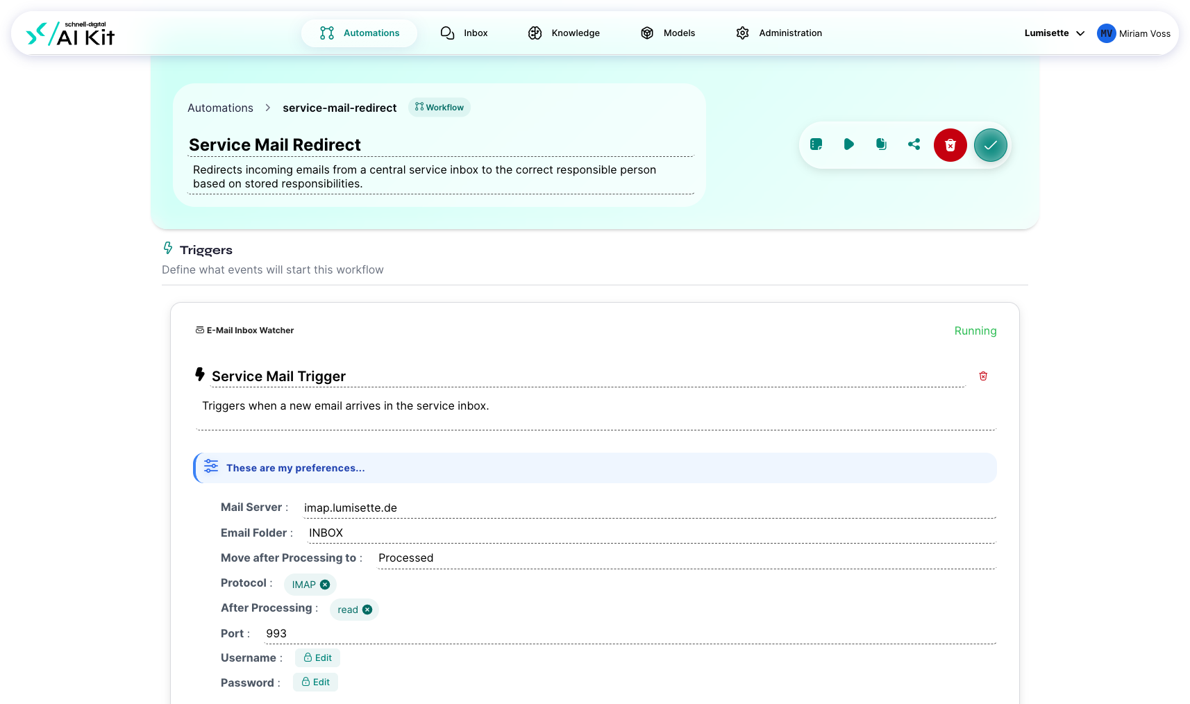 The workflow editor with the trigger at the top and a sequence of task cards below.