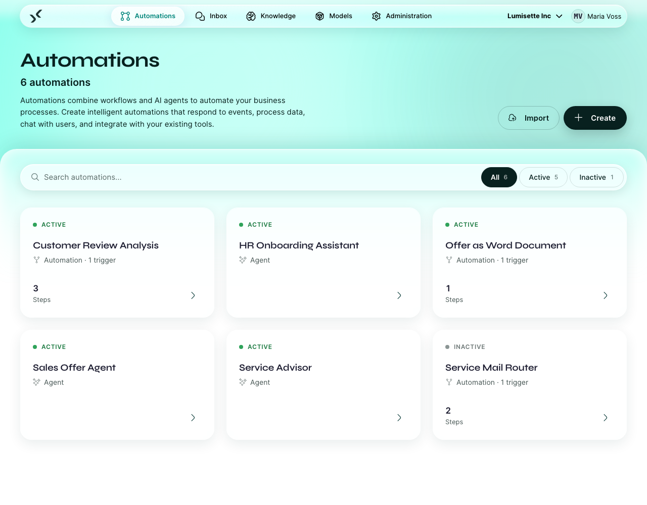 The Automations tab showing a mix of workflow cards and agent cards.