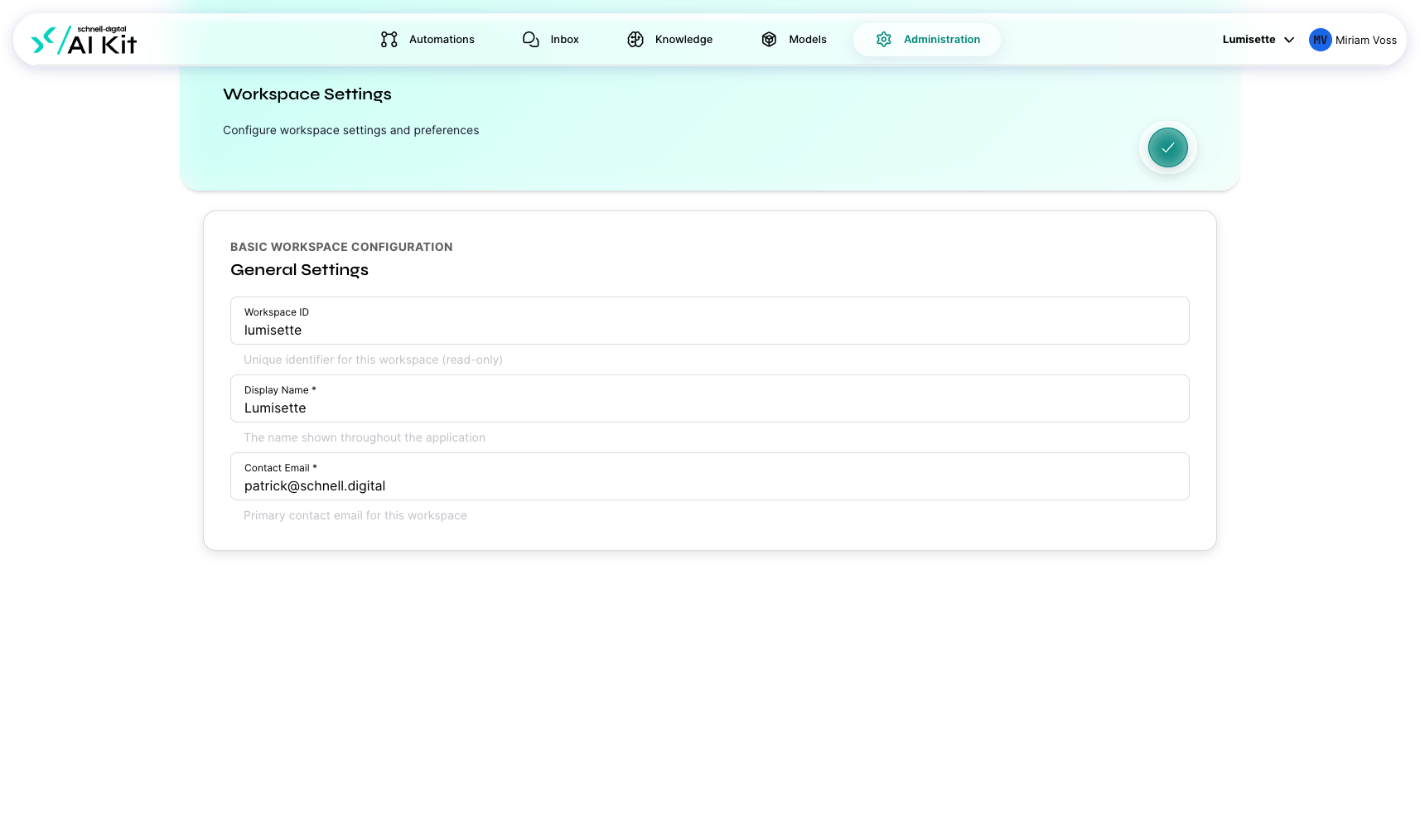 The Workspace Settings page with the workspace ID (read-only), display name, contact email, and the Save button.