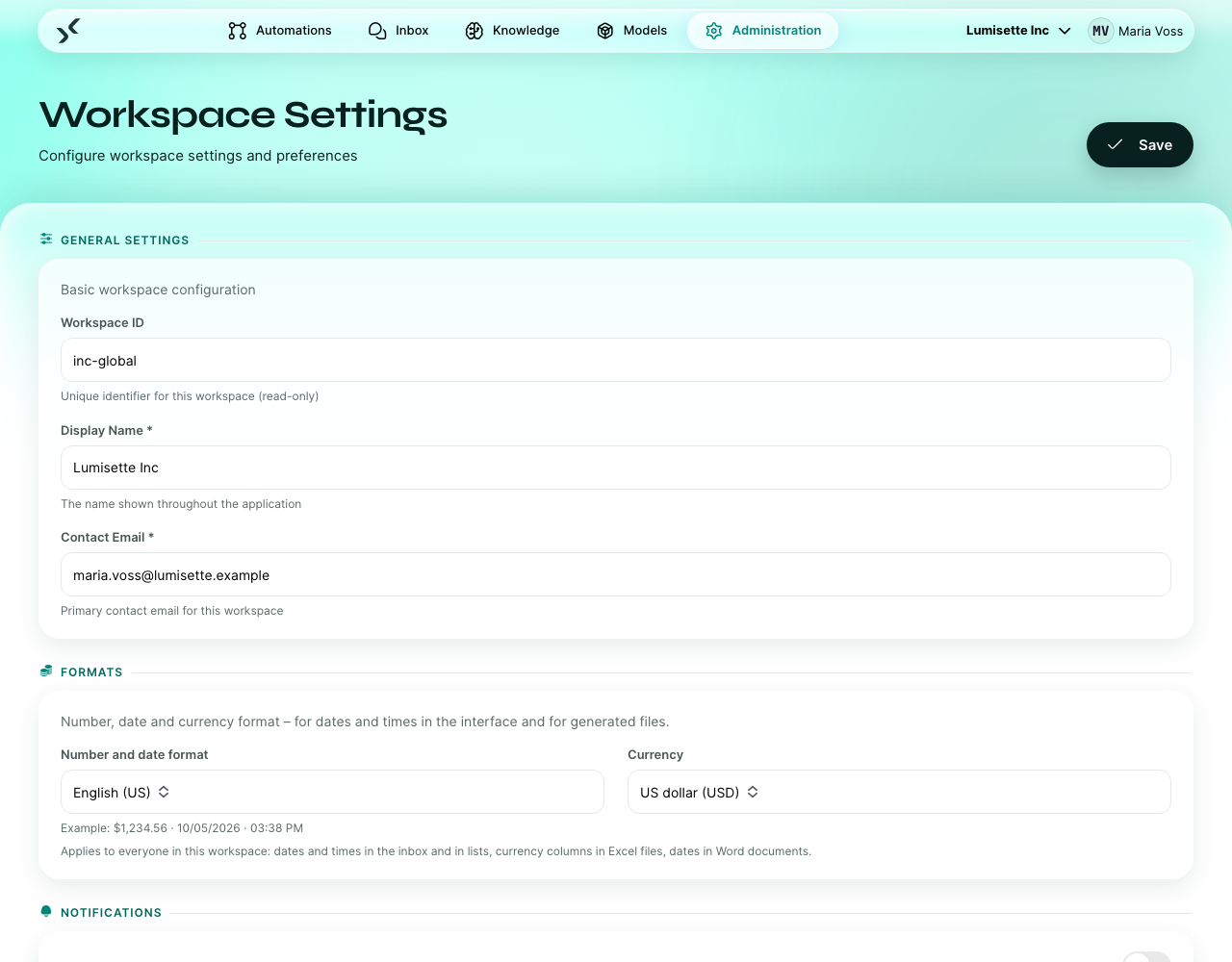 The Workspace Settings page with the workspace ID (read-only), display name, contact email, and the Save button.