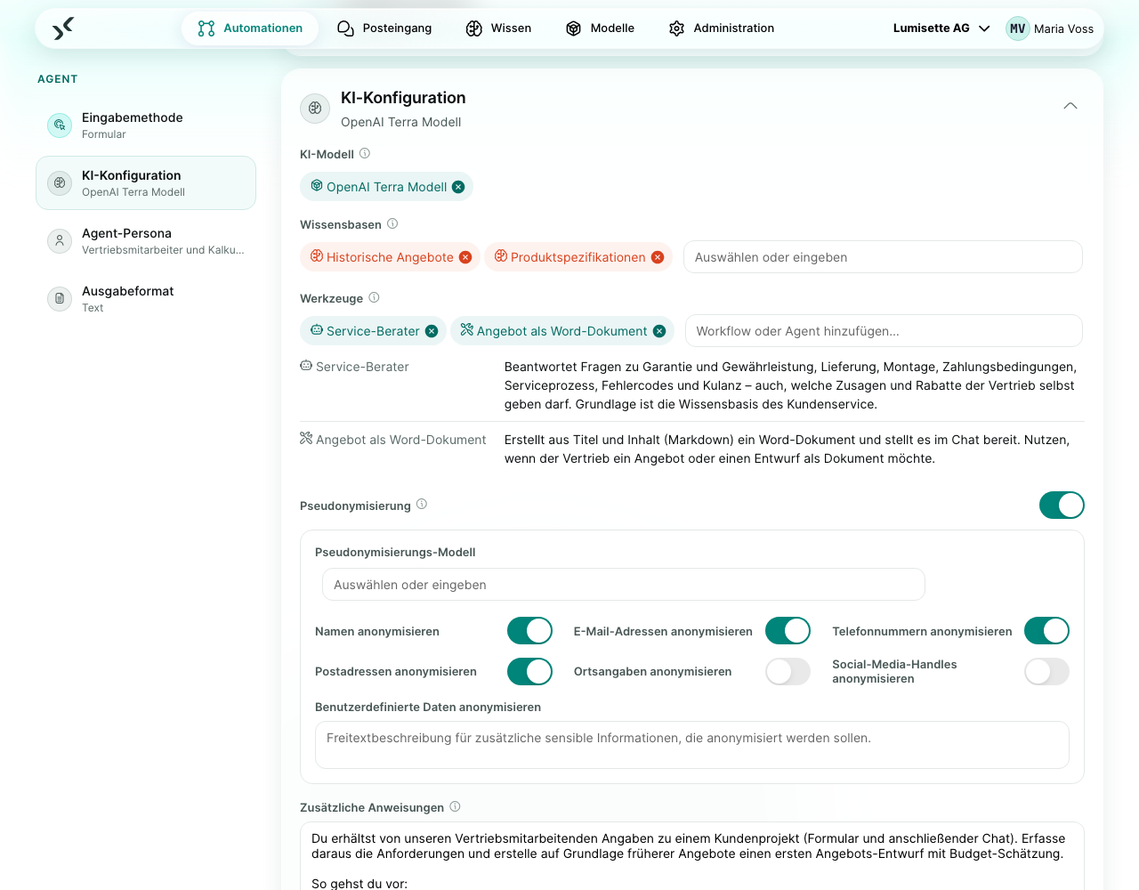 Die KI-Konfiguration im Agent-Editor mit eingeschalteter Pseudonymisierung: Auswahl des Pseudonymisierungs-Modells, die Schalter je Kategorie und das Feld „Benutzerdefinierte Daten anonymisieren“.