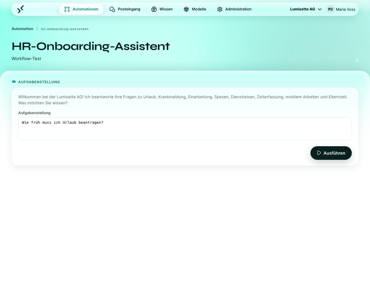Der Testlauf eines Chat-Agenten mit einer eingegebenen ersten Testfrage unter „Aufgabenstellung“, bereit zum Start der Testkonversation.