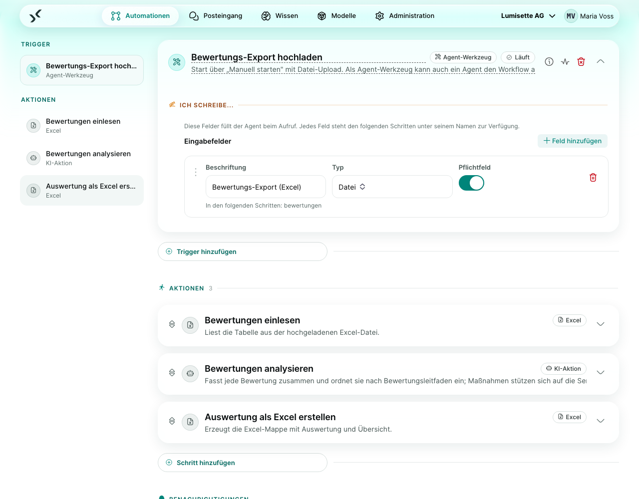 Die Trigger-Karte „Agent-Werkzeug“ im Workflow-Editor mit ihrem Eingabefeld – hier ein Pflichtfeld vom Typ Datei.