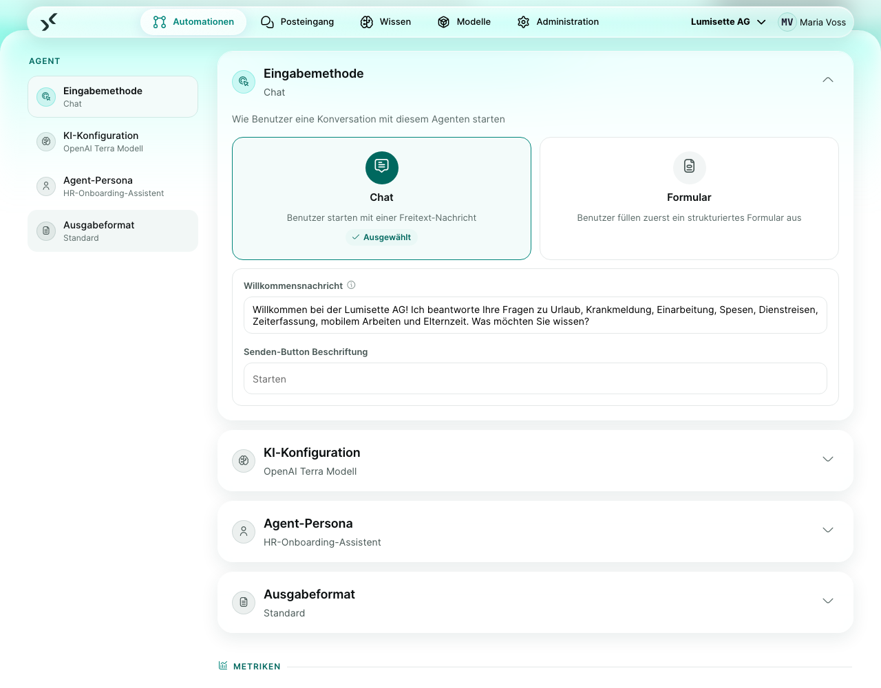 Die Eingabemethode „Chat“ eines Agenten mit ausgefüllter Willkommensnachricht und ausgefülltem Platzhaltertext.