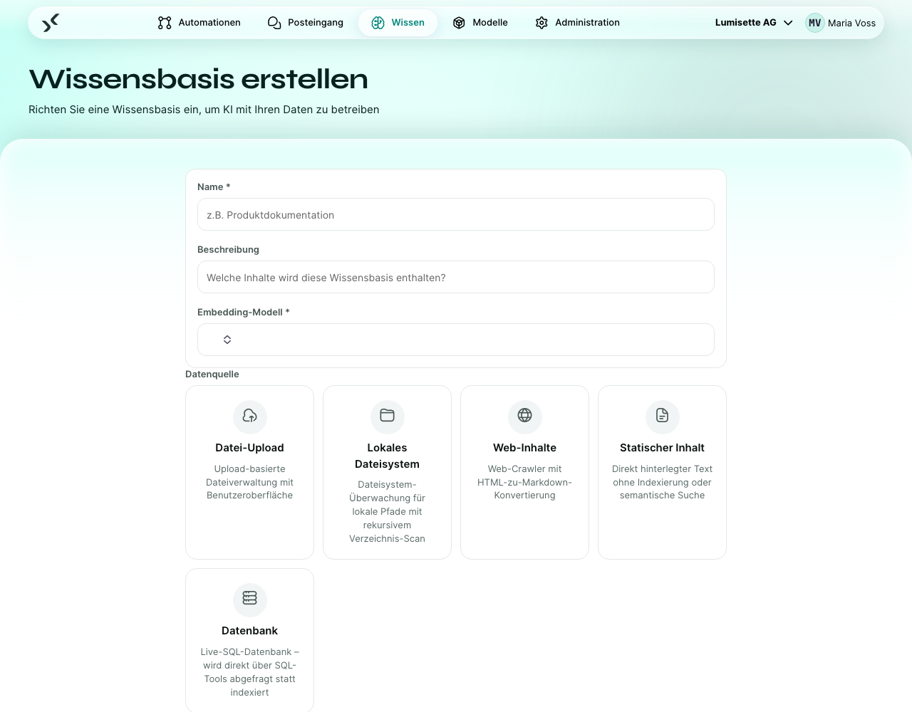 Das Formular zum Erstellen einer Wissensbasis mit den Wissensdetails, dem Embedding-Modell und der Auswahl der Datenquelle.