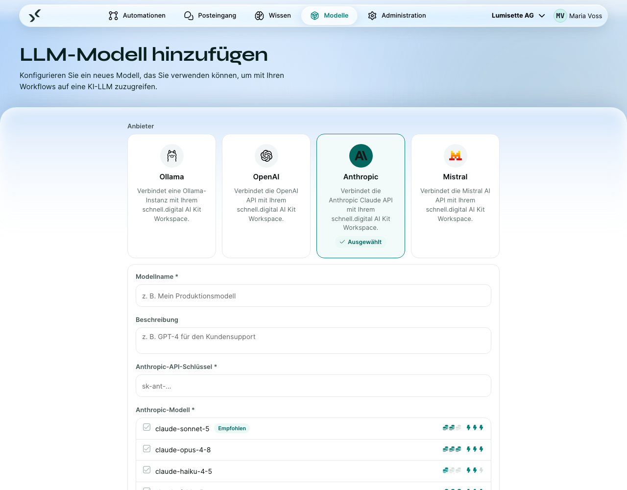 Das Modellformular mit gewähltem Anbieter Anthropic: Modellname, Beschreibung, Anthropic-API-Schlüssel, die Modellliste und die Anthropic-API-Version.