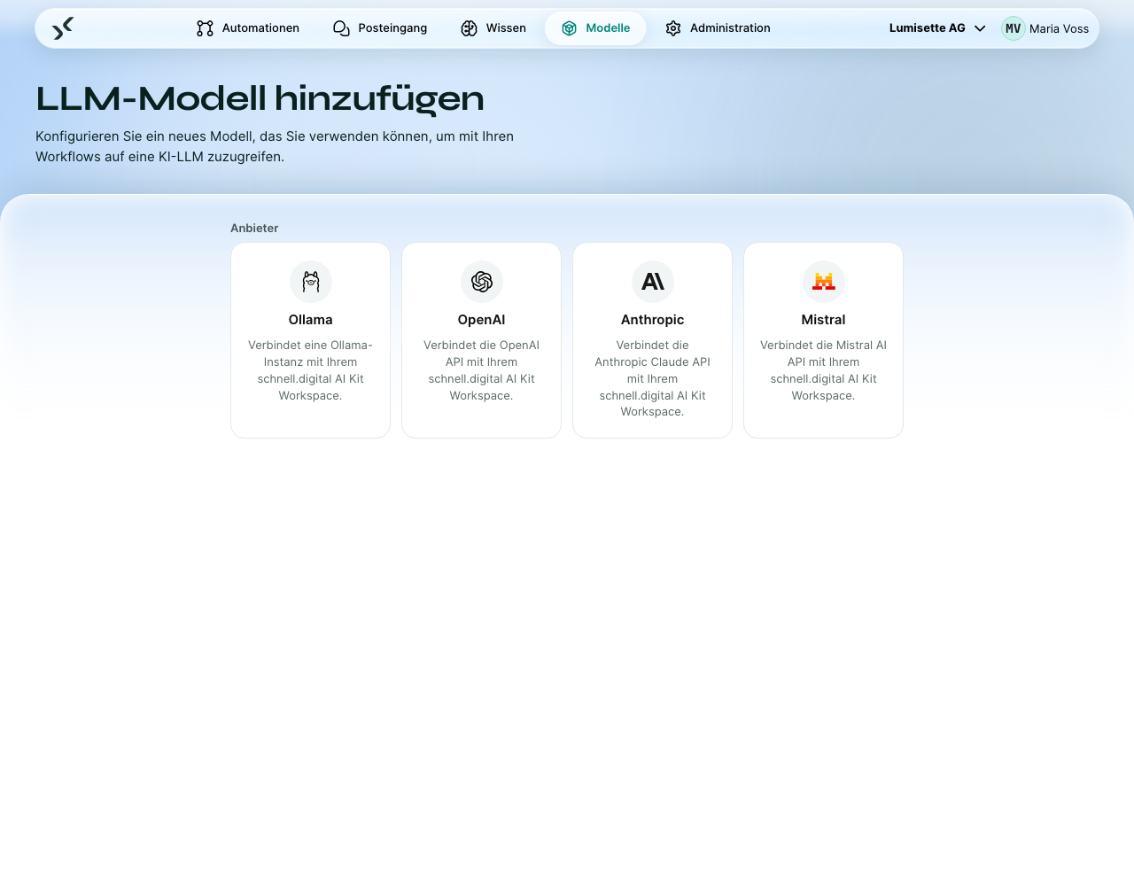 Das Modellformular vor der Wahl des Anbieters: nur die vier Anbieter zur Auswahl.