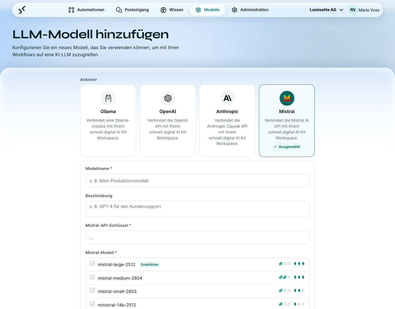 Das Modellformular mit gewähltem Anbieter Mistral: Modellname, Beschreibung, Mistral-API-Schlüssel und die Modellliste.