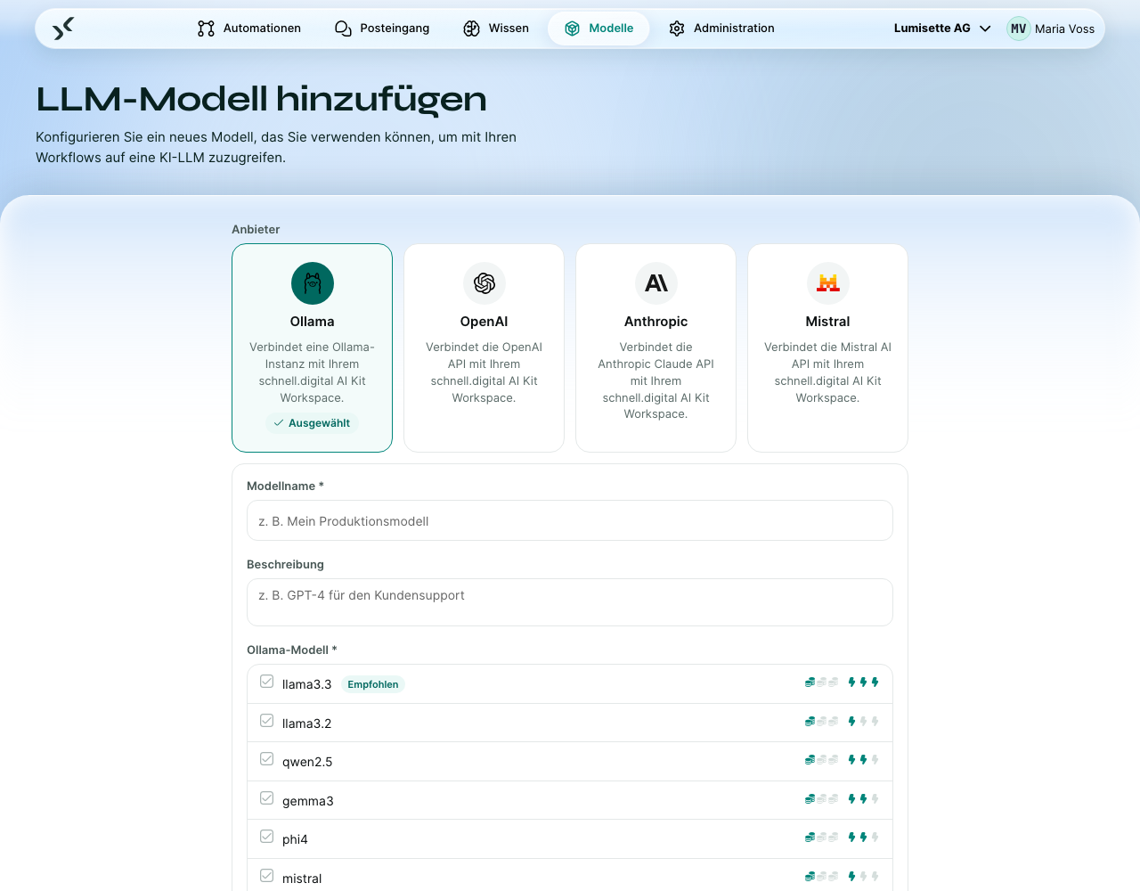 Das Modellformular mit gewähltem Anbieter Ollama: Modellname, Beschreibung, der Ollama-Endpunkt Ihres Ollama-Servers und das Ollama-Modell.